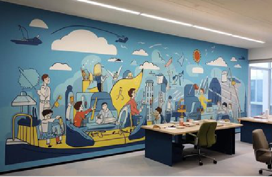 新田办公室墙绘的特点。
